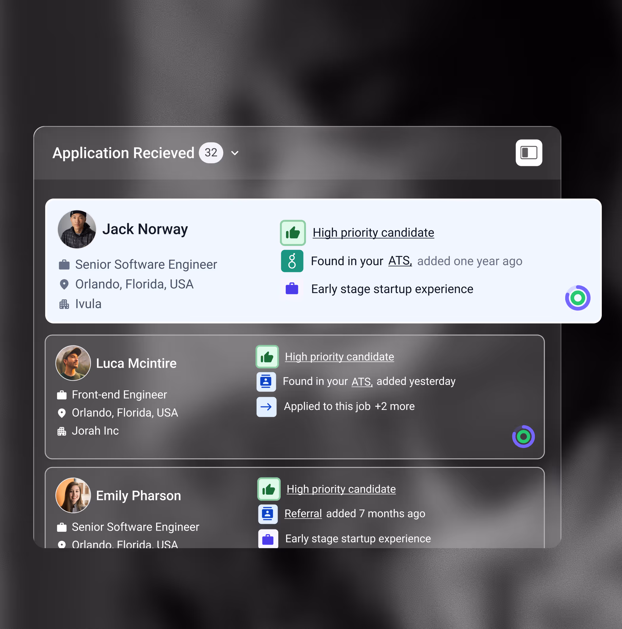 User interface screen showing a list of 32 job applications with candidate details including name, job title, location, company, and tags for high priority, ATS found, and startup experience.