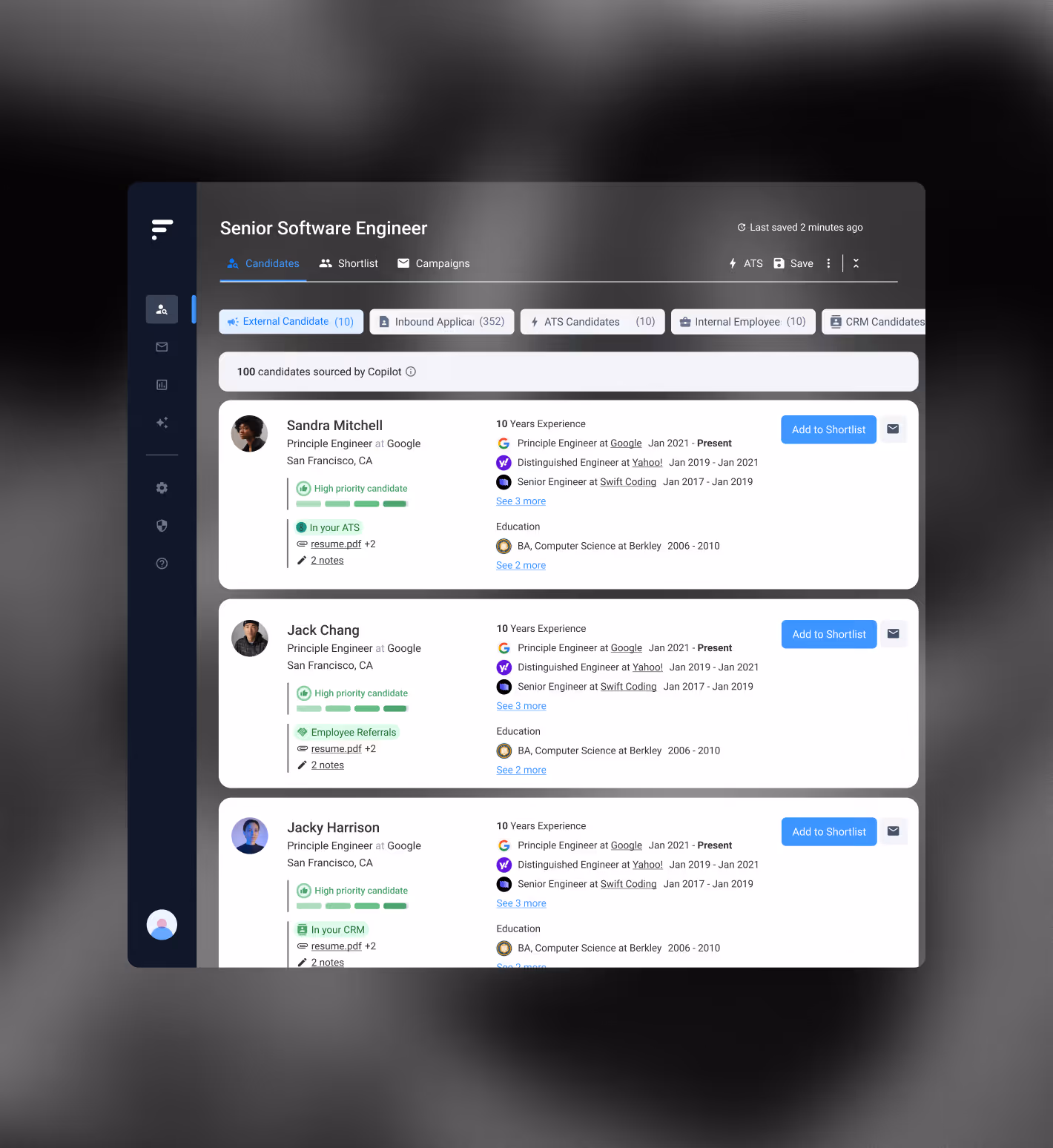 Job candidate sourcing platform interface showing profiles of three senior software engineer candidates with details on experience, education, and resume attachments.
