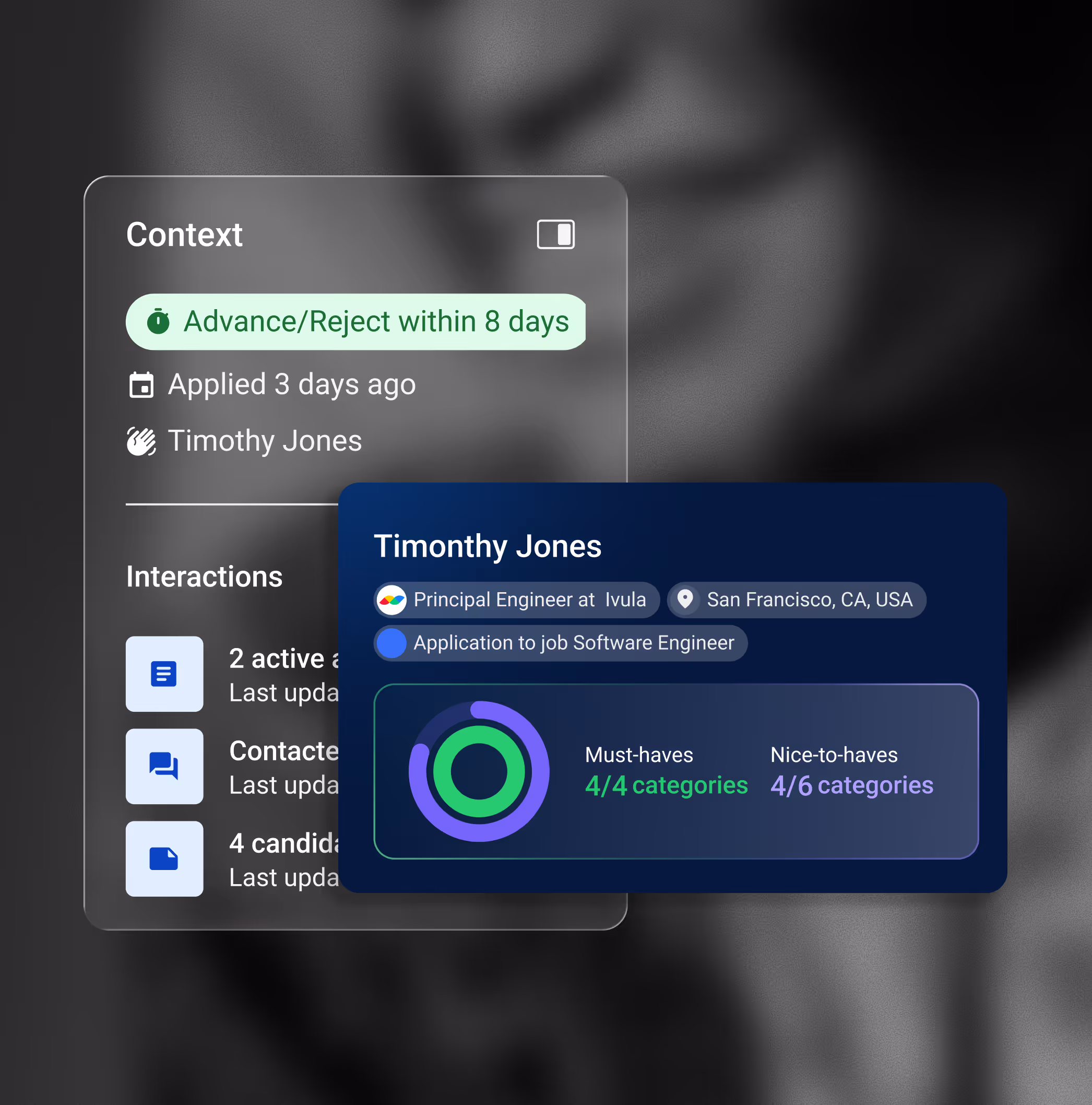User interface showing candidate Timothy Jones, Principal Engineer applying for Software Engineer in San Francisco, with progress on must-have and nice-to-have skills categories.