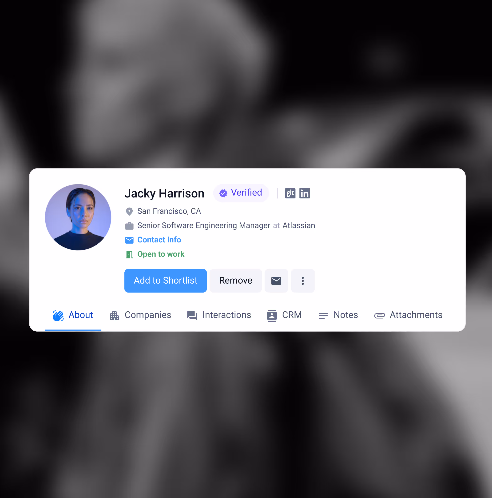 Profile card of Jacky Harrison, Senior Software Engineering Manager at Atlassian in San Francisco, CA, verified and open to work.