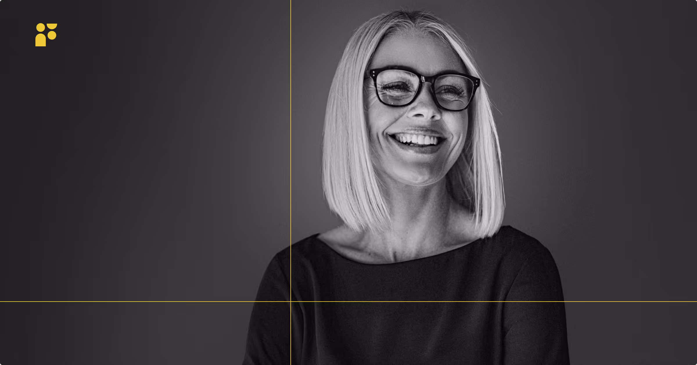 Smiling woman with glasses and straight light hair wearing a black top on a gray background.