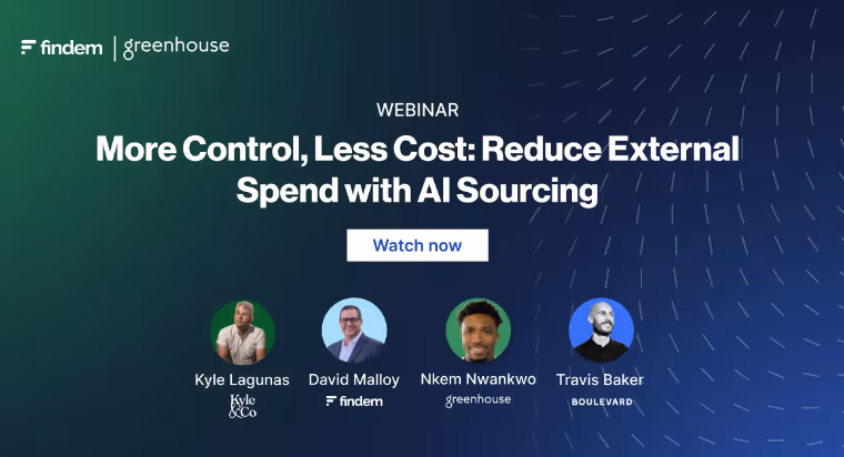 Webinar announcement titled 'More Control, Less Cost: Reduce External Spend with AI Sourcing' with four speaker photos.