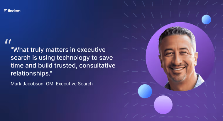 Quote about executive search by Mark Jacobson with his portrait on a purple background with circular designs.