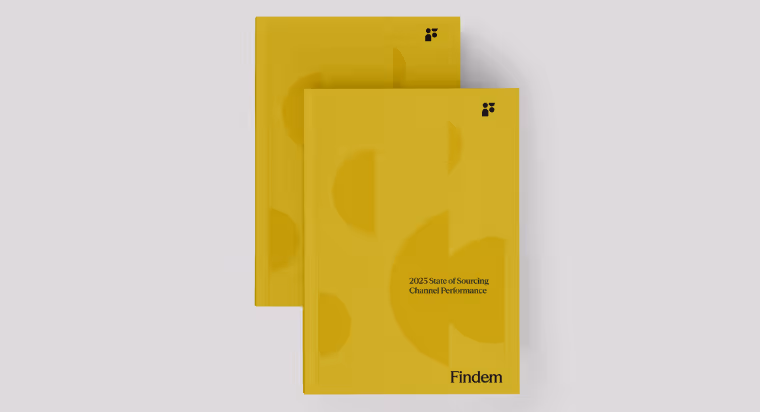 Two yellow books stacked with the title '2023 State of Sourcing Channel Performance' and the brand name Findem.