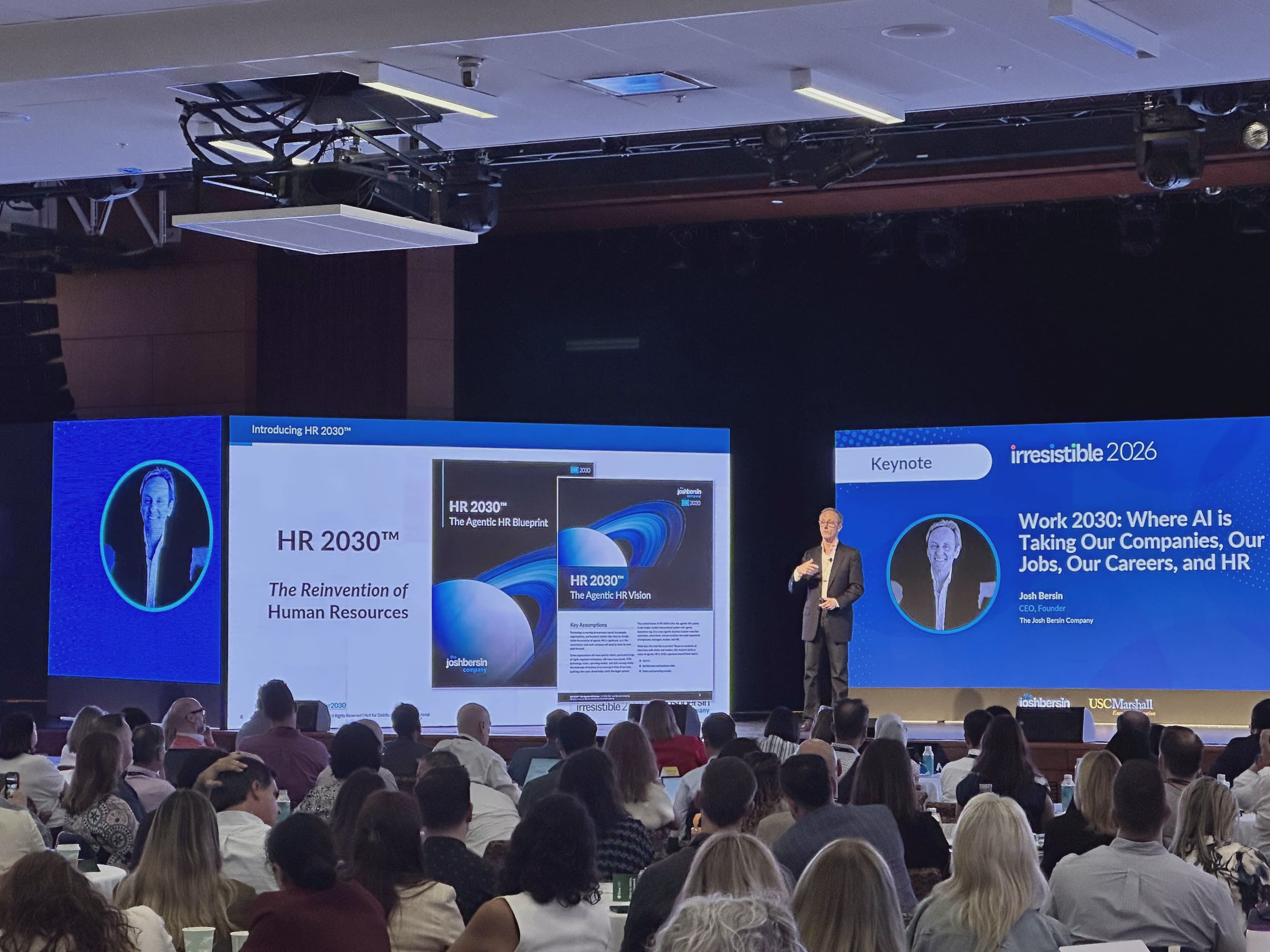 Josh Bersin delivering the HR 2030 keynote at Irresistible 2026 to a full audience.