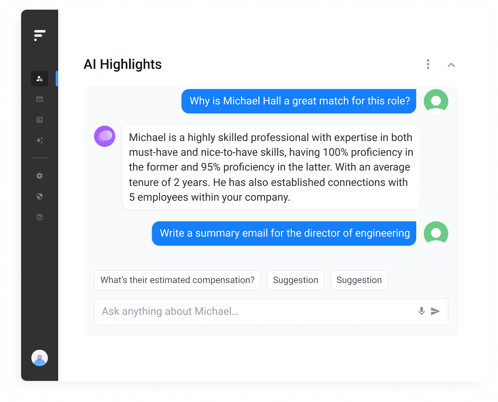 Findem AI Highlights panel explaining why candidate Michael Hall matches a role, citing his skill proficiency, tenure and company connections.
